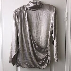 Women's Champagne Satin Draped Mock Neck Blouse